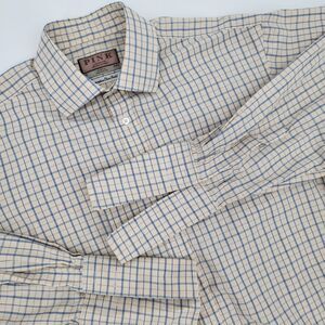 Thomas Pink Mens Beige/Blue Shadow Plaid Cotton LS French Cuff Shirt 16/34.5